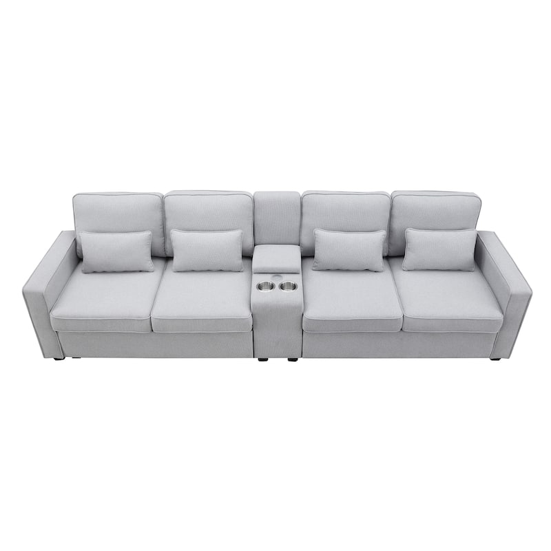 Modern 4-Seat Sofa with Console, Wireless Charging, 2 Cupholders, and 4 Pillows, Upholstered in Linen Fabric