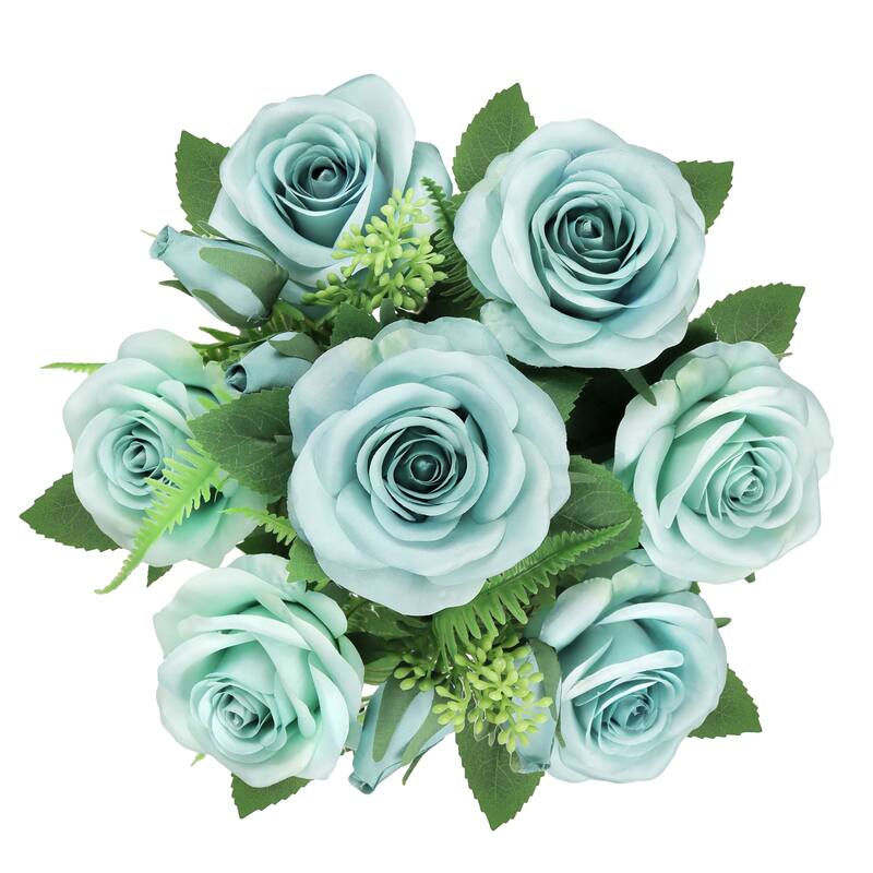Set of 2 Light Turquoise Artificial Rose Flower Stem Bush Bouquet 18in - 18" L x 10" W x 10" DP