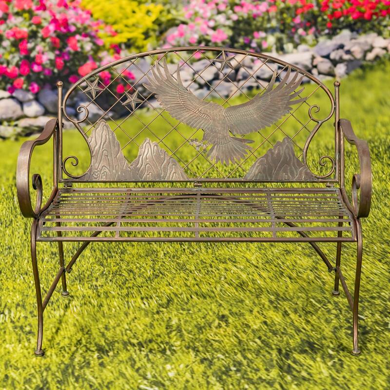 Round Top Iron Garden Bench with Flying Eagle Backrest "Klamath" - 43.7" L x 20.47" W x 37.4" H