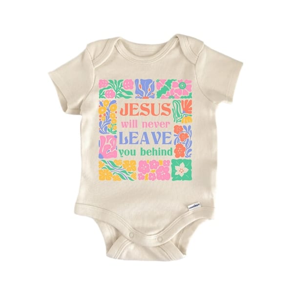 slide 2 of 6, Will Never Behind Jesus Christian Religious God - Baby Boy Girl Clothes Bodysuit Blue - 0-3M