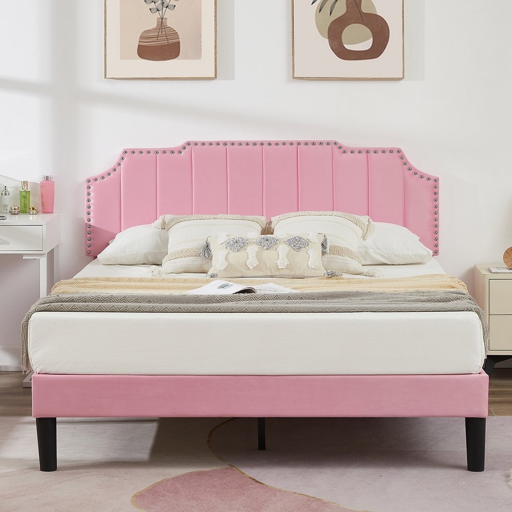 Javlergo Upholstered Platform Bed Frame with Nailhead Trimmed Adjustable Height Headboard No Box Spring Needed