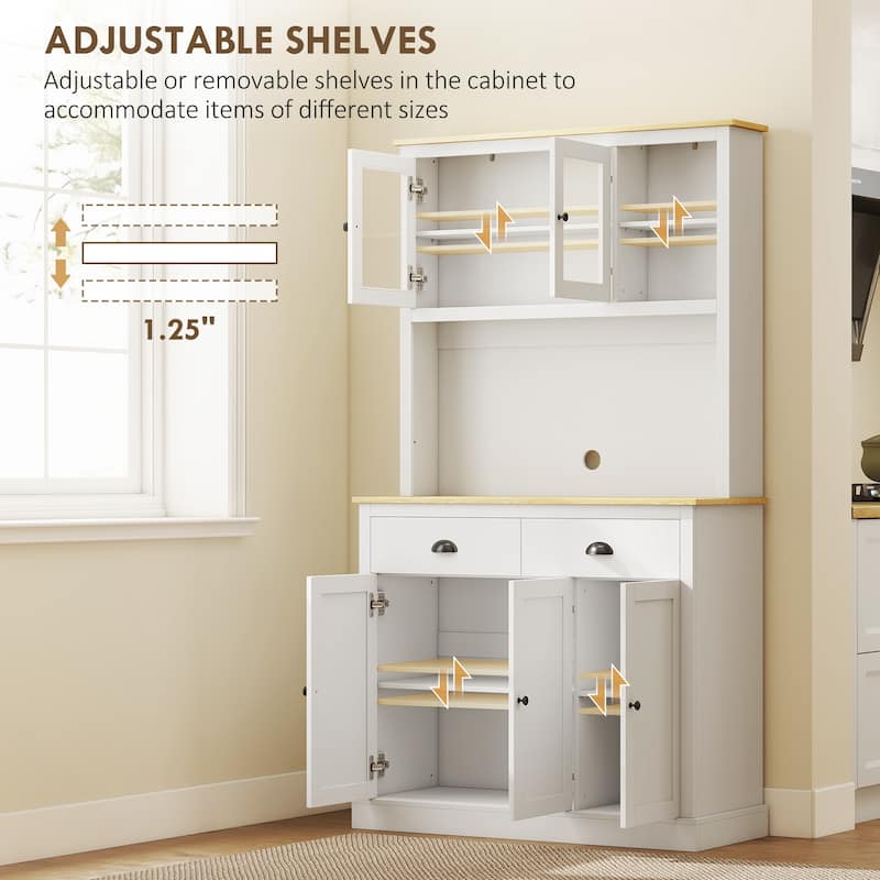 HOMCOM Kitchen Pantry Storage Cabinet with Microwave Stand, 71" Modern Kitchen Hutch with Glass Doors, Storage Drawers