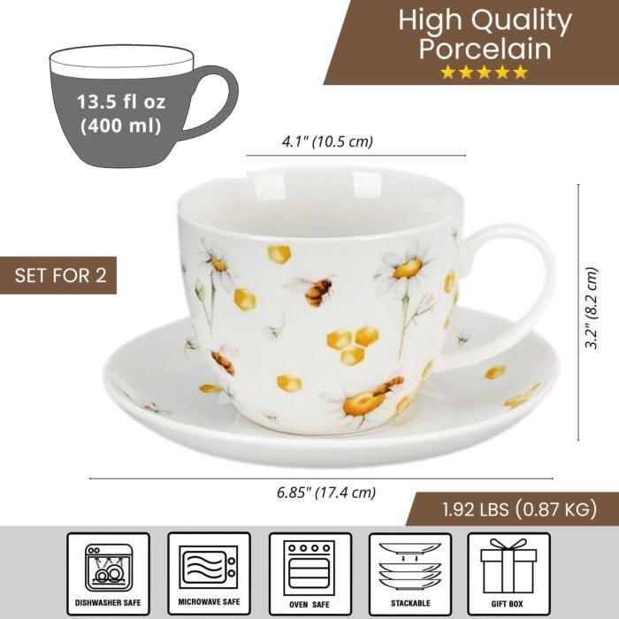 STP Goods 13.5oz Honey Bee Tea Coffee Cup & Saucer Set of 2