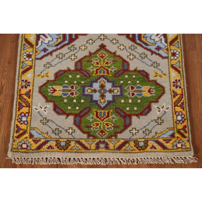 Geometric Kazak Indian Rug Hand-Knotted Wool Carpet - 2'6"x 6'0"