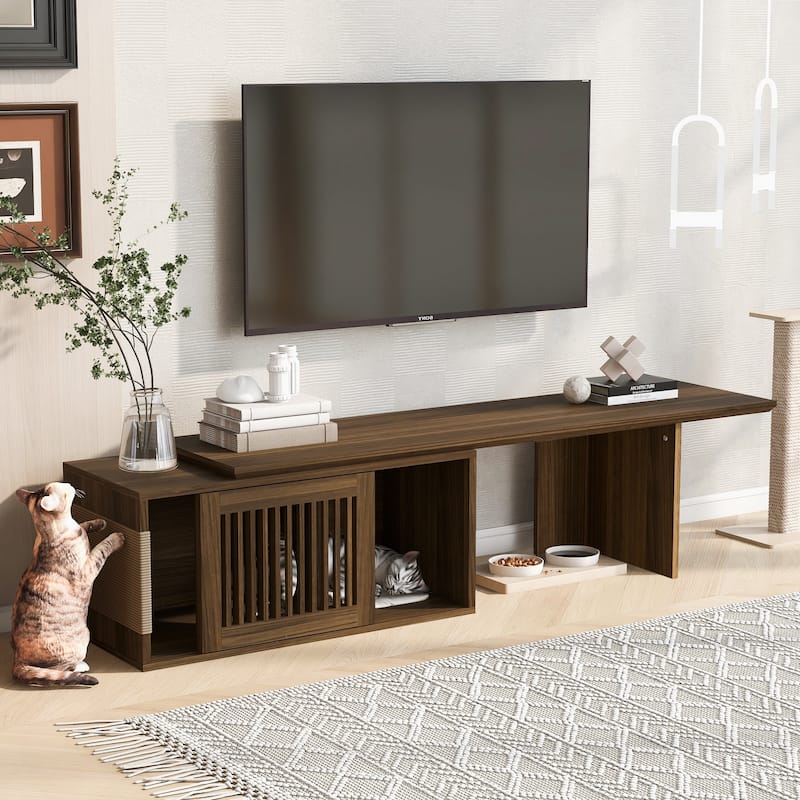 2 in 1 Cat TV Stand Entertainment Center with Extendable Table, Litter Box Enclosure with Cat Scratcher - Walnut