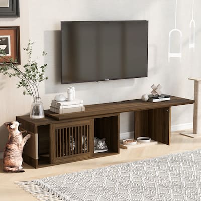 2 in 1 Cat TV Stand Entertainment Center with Extendable Table, Litter Box Enclosure with Cat Scratcher