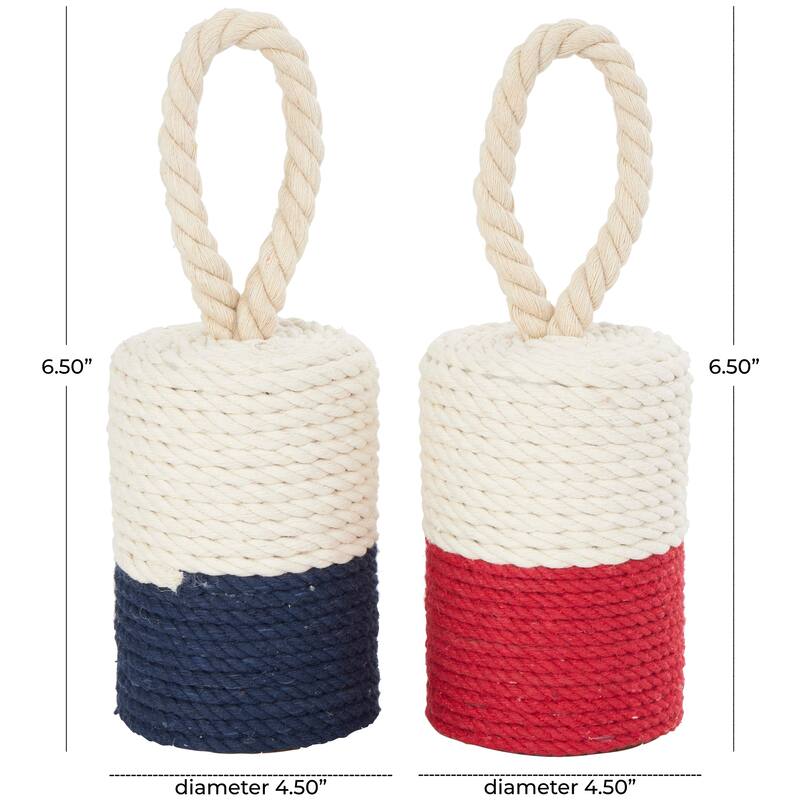 Cream Cotton Fabric Coiled Colorblock Buoy Sculpture with Red and Blue Bases (Set of 2)