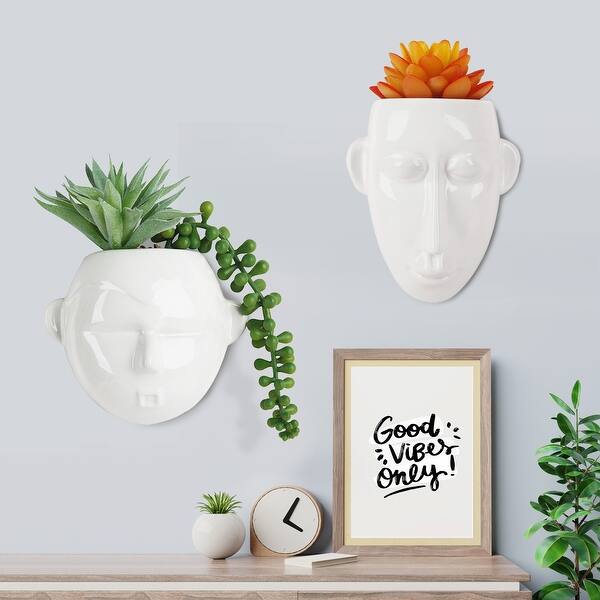 slide 2 of 7, 3 - Piece Artificial Succulent in Vase Set/White Ceramic Head Planter with Artificial Plants White