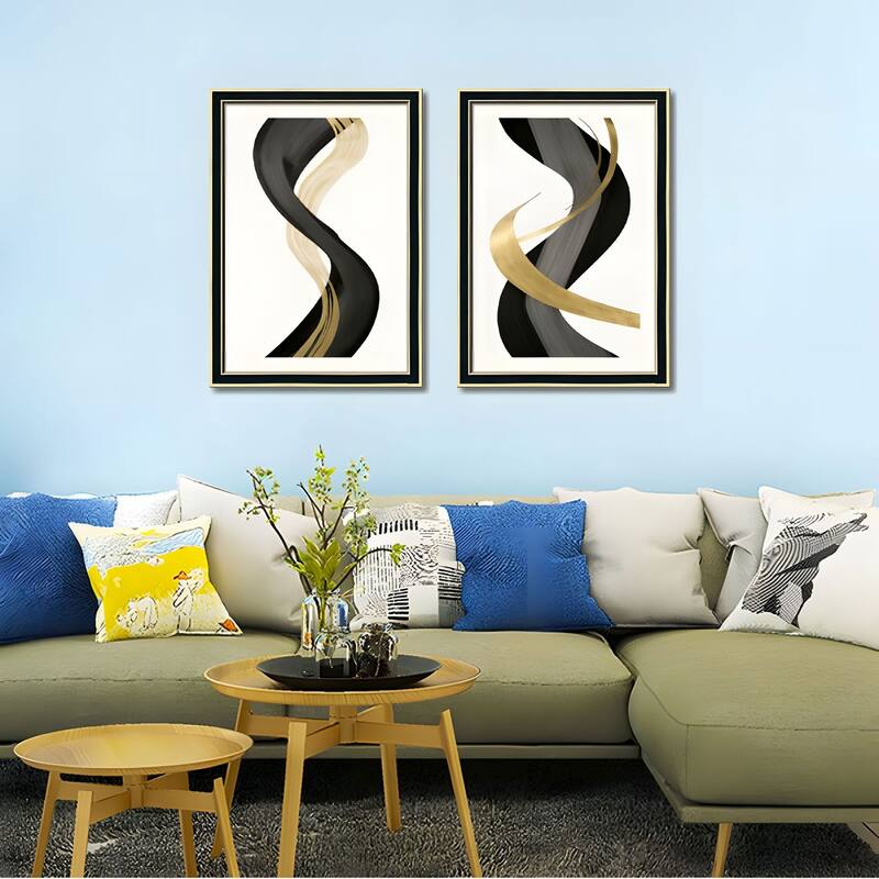 Set of 3 Black and Gold Abstract Framed Wall Art - Replaceable Canvas Prints with Solid Wood Picture Frames