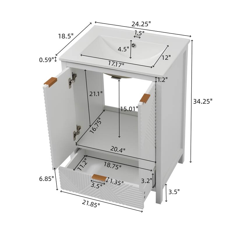 Anmytek 24 Inch Bathroom Vanity with Ceramic Basin Geometric Door Design for Small Bathroom Storage