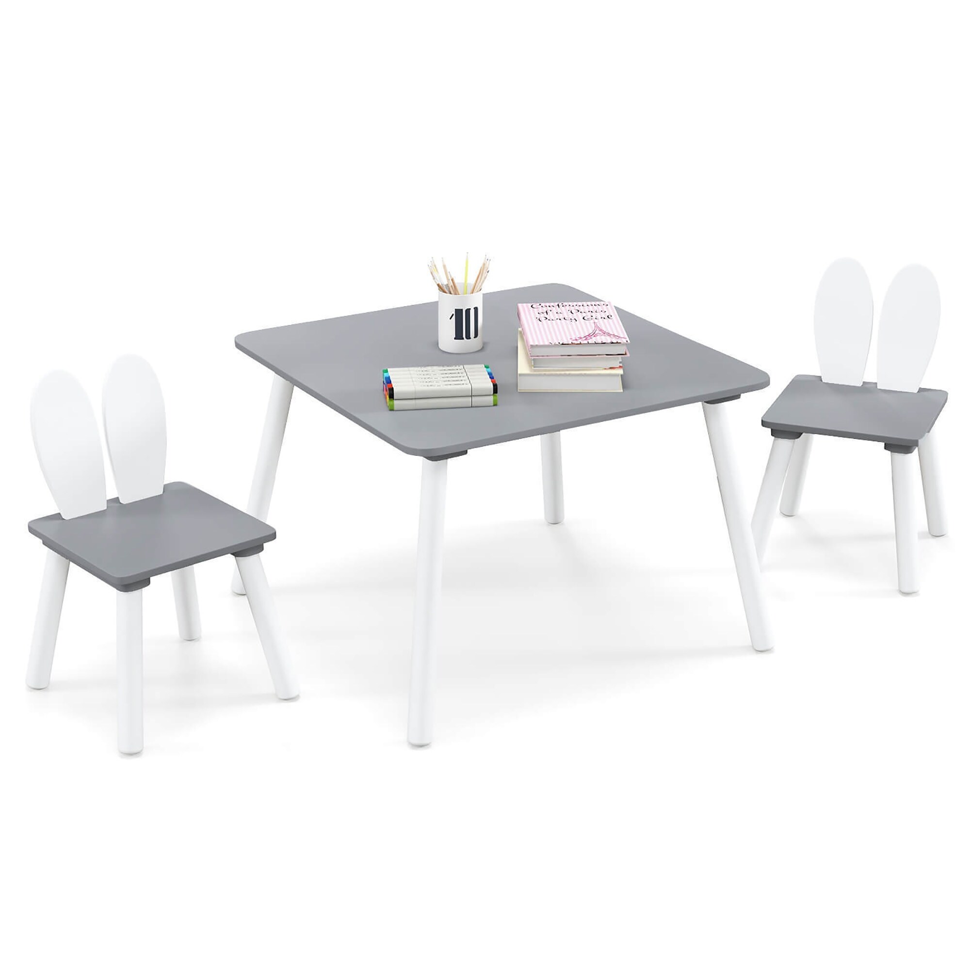 Gymax 3 Pieces Kids Table & Chairs Set Children Wooden