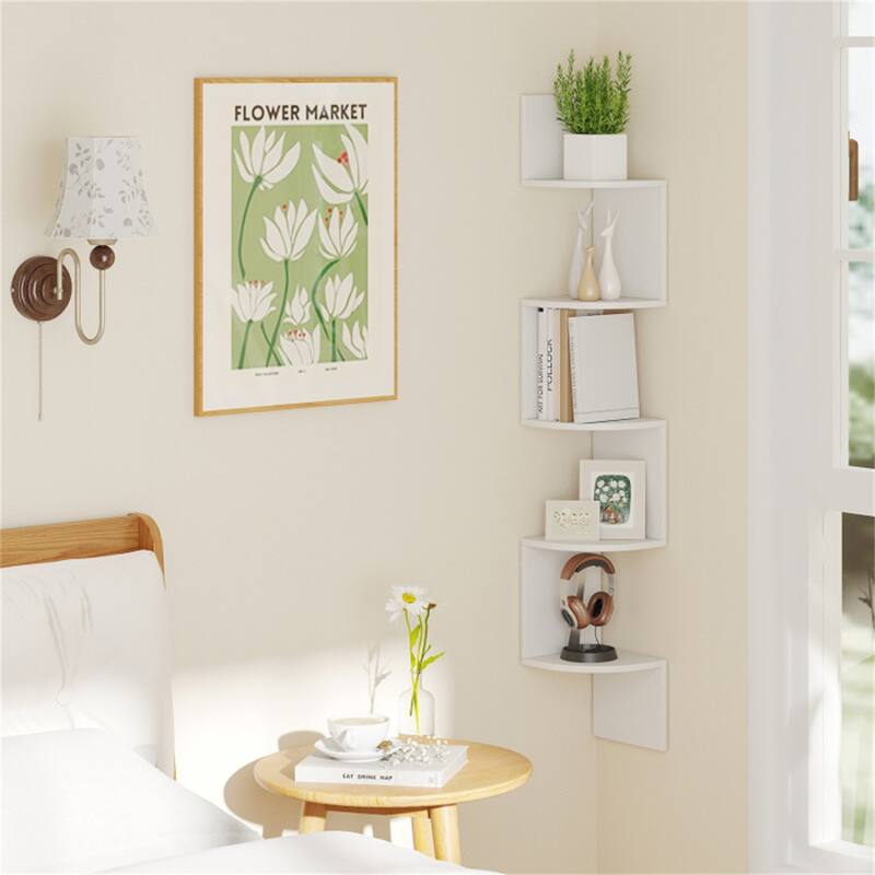 5-Tier Floating Corner Shelf Wall Mounted Organizer for Living Room Bedroom or Kitchen - 8" x 8" x 50"