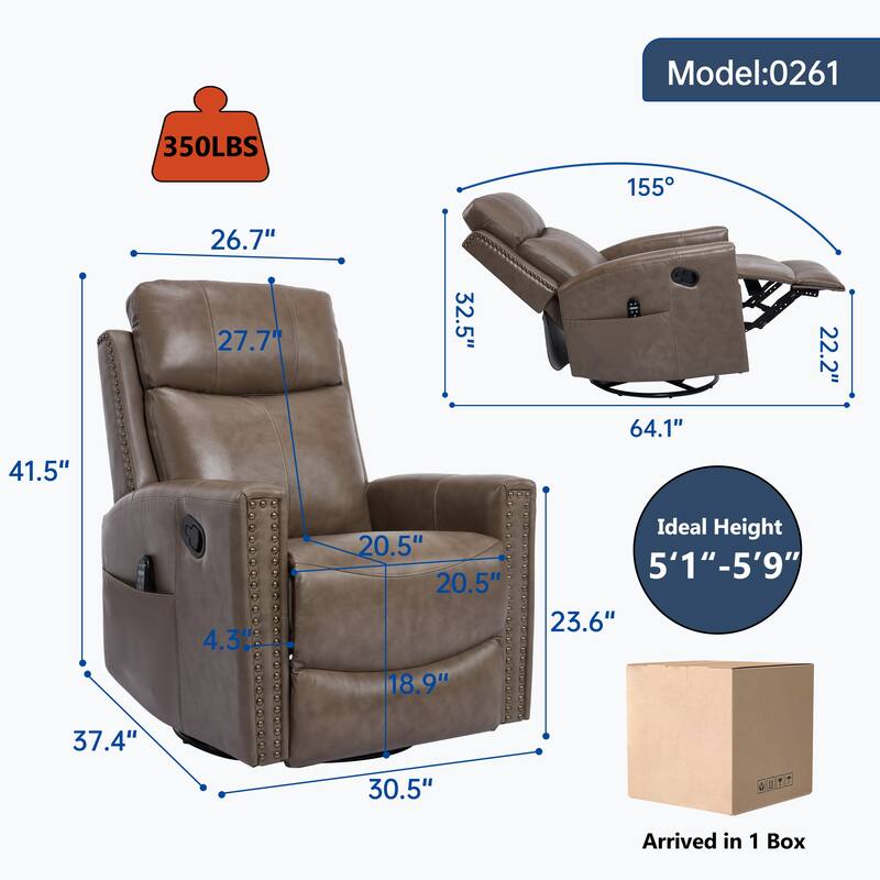 Genuine Leather Heat Massage Manual Recliner Chair with Rocker & Swivel