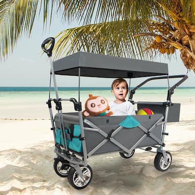 Outdoor Push & Pull Folding Wagon Cart with Removable Canopy