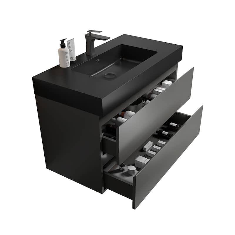 36"Bathroom Vanity with Sink,Storage Wall Mounted Floating Bathroom Vanity,One-Piece Black Sink Basin without Drain and Faucet