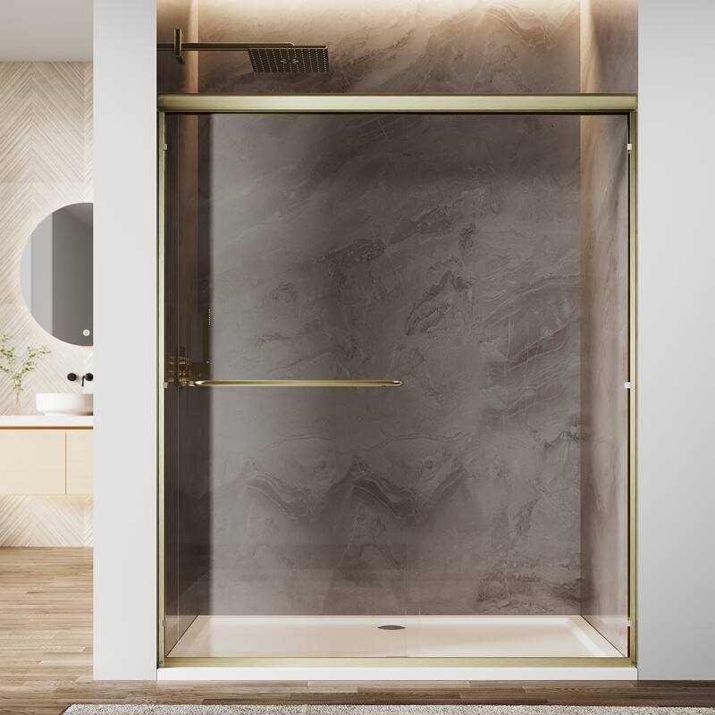 Elegant Double Sliding Shower Door Brushed Gold Finish Framed with 1/4 inch Clear Tempered Glass