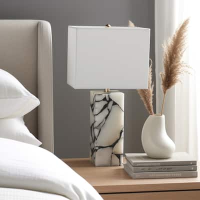 Stone Alabaster Table Lamp Fabric Shade for Bedroom Office - 24" White - 12" x 12" x 24"