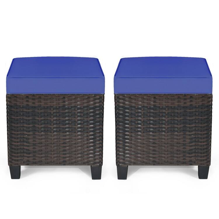 2PCS Patio Rattan Ottoman Cushioned Seat-Navy - 16" x 16" x 18" (with cushion)