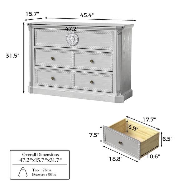 Solid Wood Dresser with 5 Drawers Chest Fully Assembled Storage Cabinet for Living Room or Bedroom - Grey Wood
