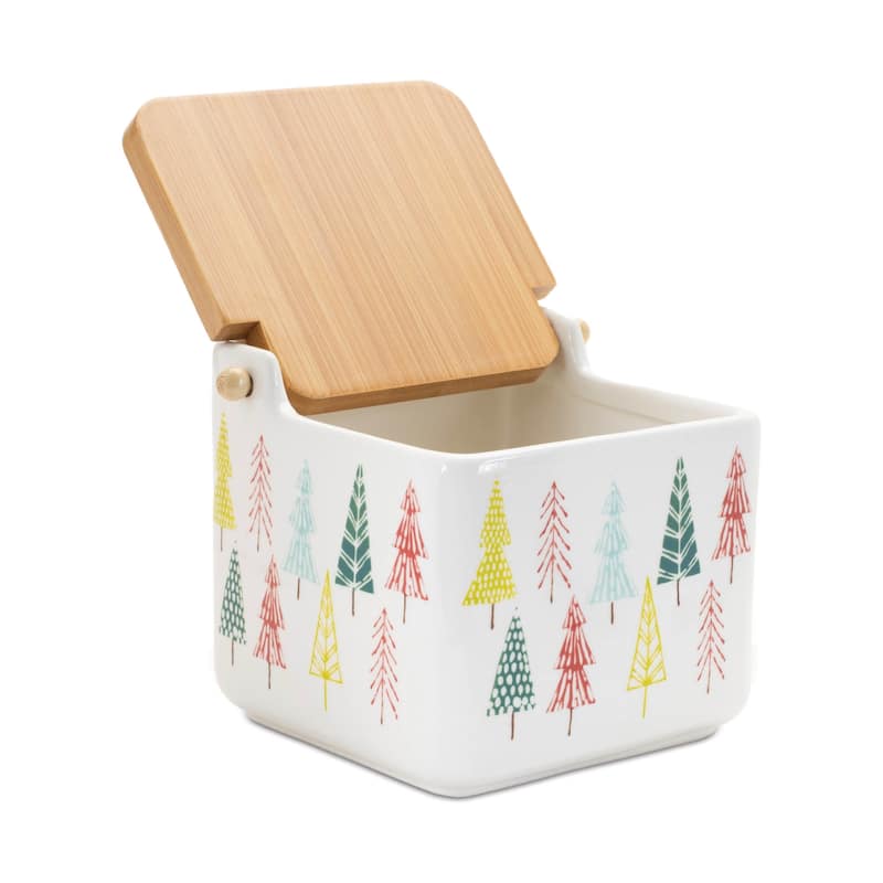 Ceramic Holiday Tree Boxes with Tree Pattern Wood Lid Set of 2