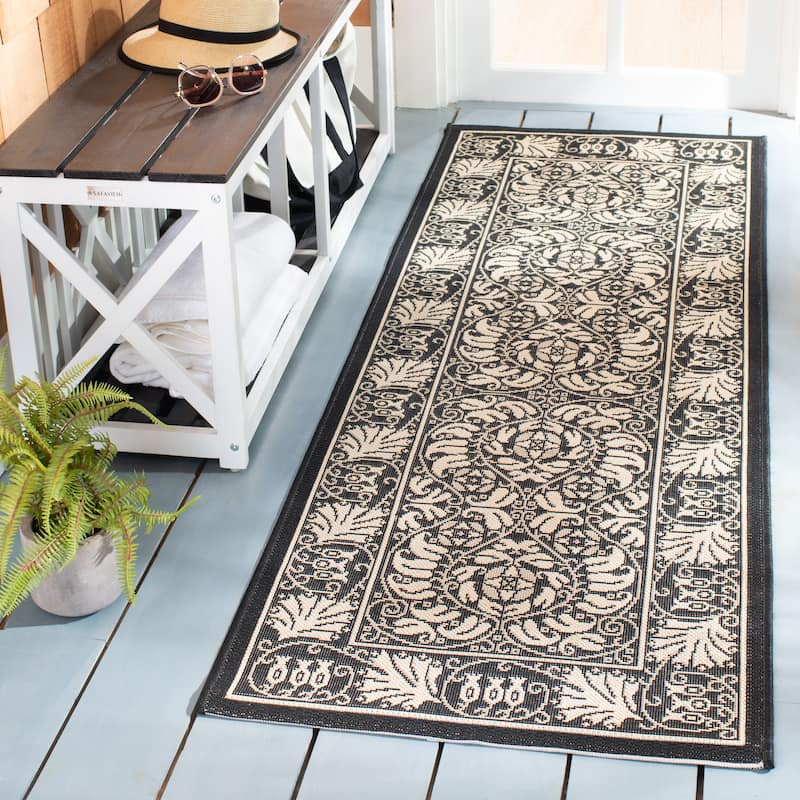 SAFAVIEH Courtyard Nada Indoor/ Outdoor Waterproof Patio Backyard Rug - 2'3" x 6'7" Runner - Black/Sand