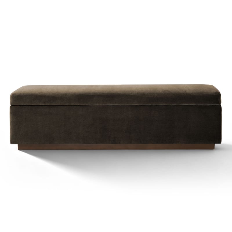 60" Wide Mid-Century Velvet Storage Bench With Solid Wood Base - Brown