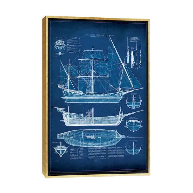 iCanvas "Antique Ship Blueprint I" by Vision Studio Framed Canvas Print - Gold - 40x26