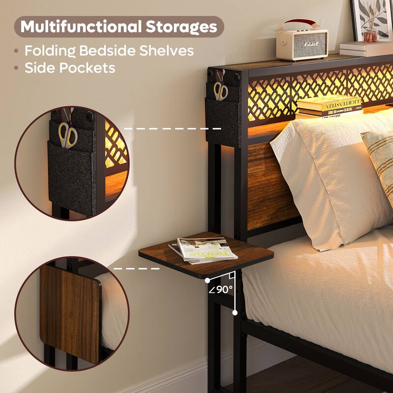 Platform Bed with LED Upholstered Storage Headboard Charge Station Foldable Bedside Shelf
