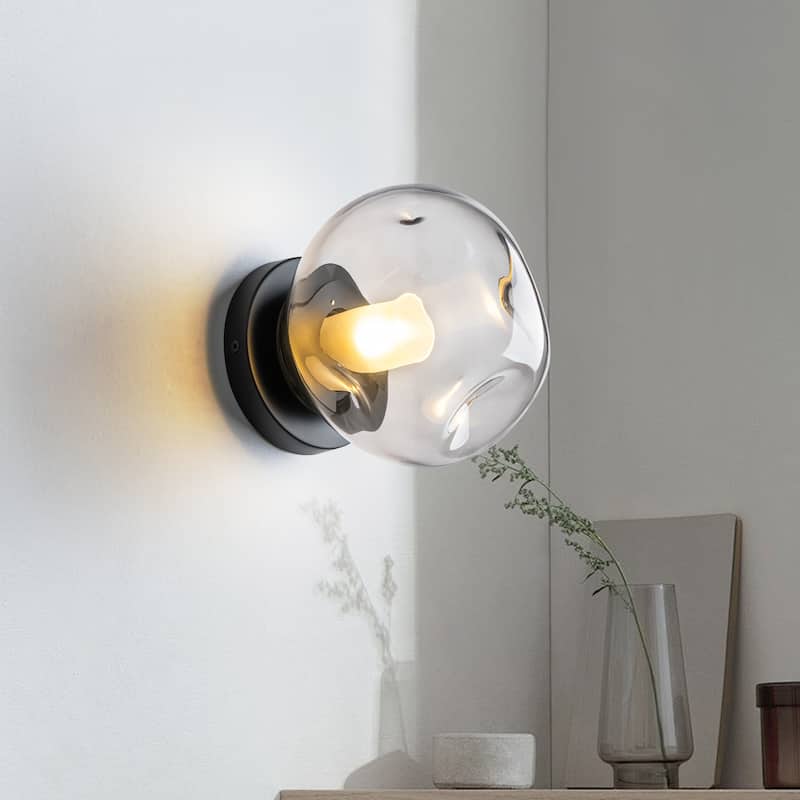 7.1" W Mid-Century Modern Matte Black Wall Sconce with Hand-Blown Smoked Gray/Pink Glass Shade for Bathroom, Staircase