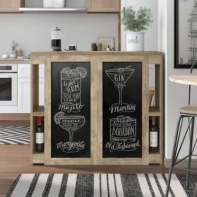 DH BASIC Farmhouse Weathered Oak 9-Open Shelf Home Bar with Chalkboard Menu Signs by Denhour