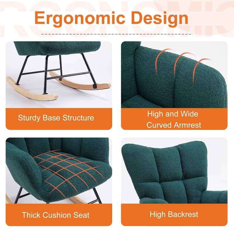 Living Room Ergonomic Teddy Fabric Rocking Chair Nursing Accent Reading Recliner with Soft Glider - 33.66"D x 28.35"W x 38.58"H