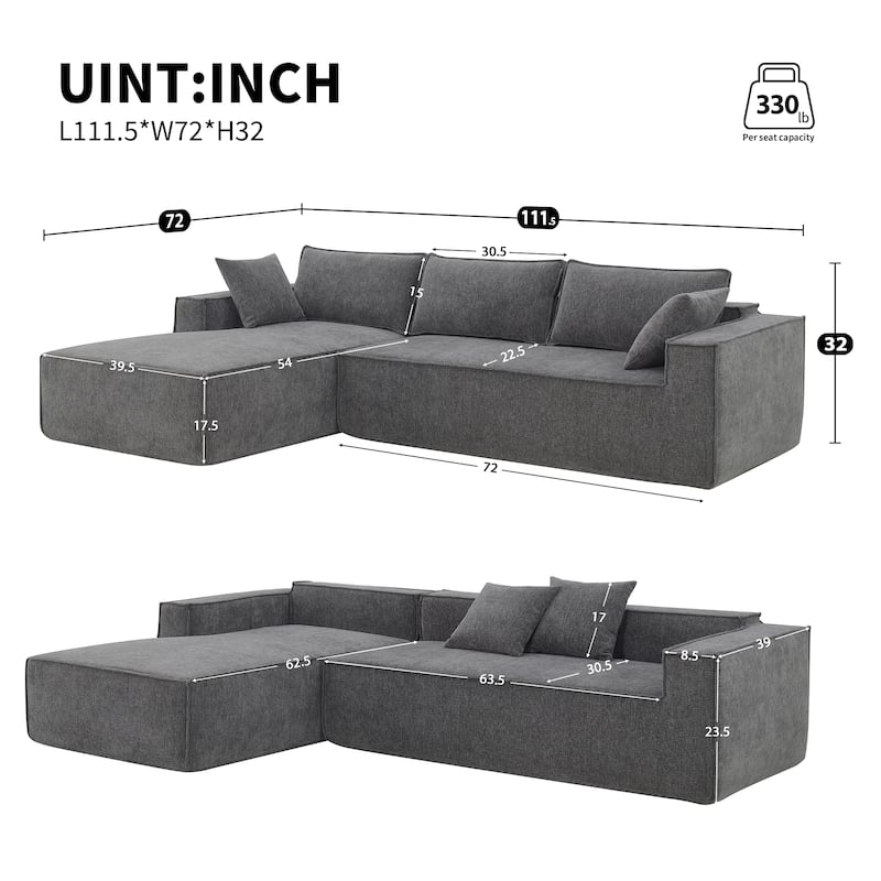 111.5" L-Shaped 4-Seater Modular Sofa with Chaise, 2 Pillows, Wrinkle-Resistant Chenille, and All-Sponge Construction