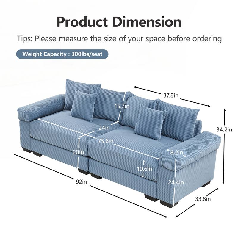 Oversized Cloud Modular Sectional Couch,Corduroy Fabric Extra-Wide Armrests Throw Pillows