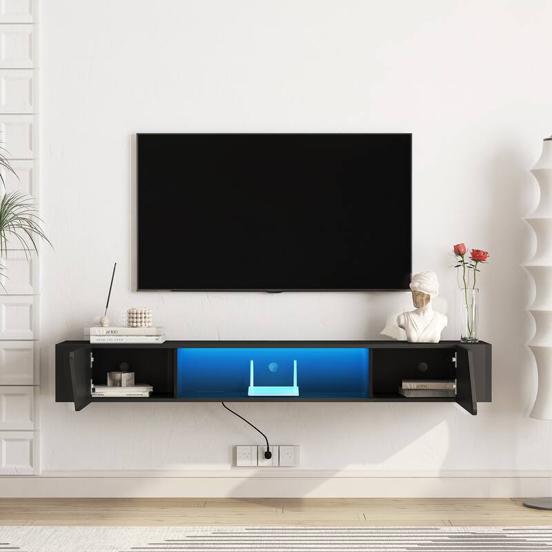 Modern Wood Wall Mount TV Bracket for TVs up to 65", Storage LED Entertainment Media Center with Open Shelves for Living Room