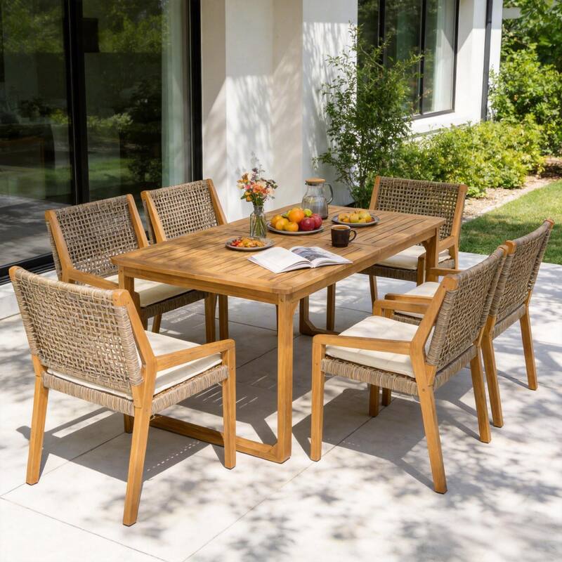 Christopher Knight Home - Ronan Outdoor Acacia Wood Dining Set with Wicker Back Chairs & Curved Leg Dining Table, Teak Finish