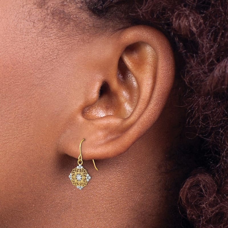 Curata 14k Yellow Gold Mini Filigree Medalion Wire Earrings - 10x19.5mm