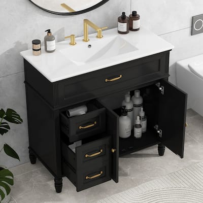 36" Freestanding Vanity Ensemble - Integrated Porcelain Sink with Solid Wood & MDF Storage Cabinet‌