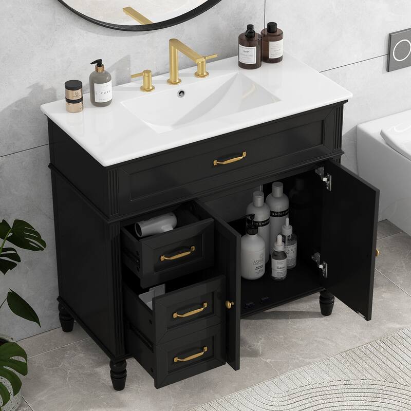 36 in. W Freestanding Bathroom Vanity with White Ceramic Sink and Two Drawers