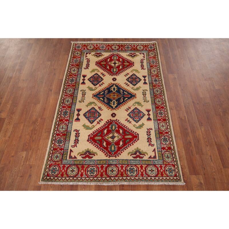 Geometric Kazak Accent Rug Hand-Knotted Beige Wool Carpet - 3'3" x 5'1"