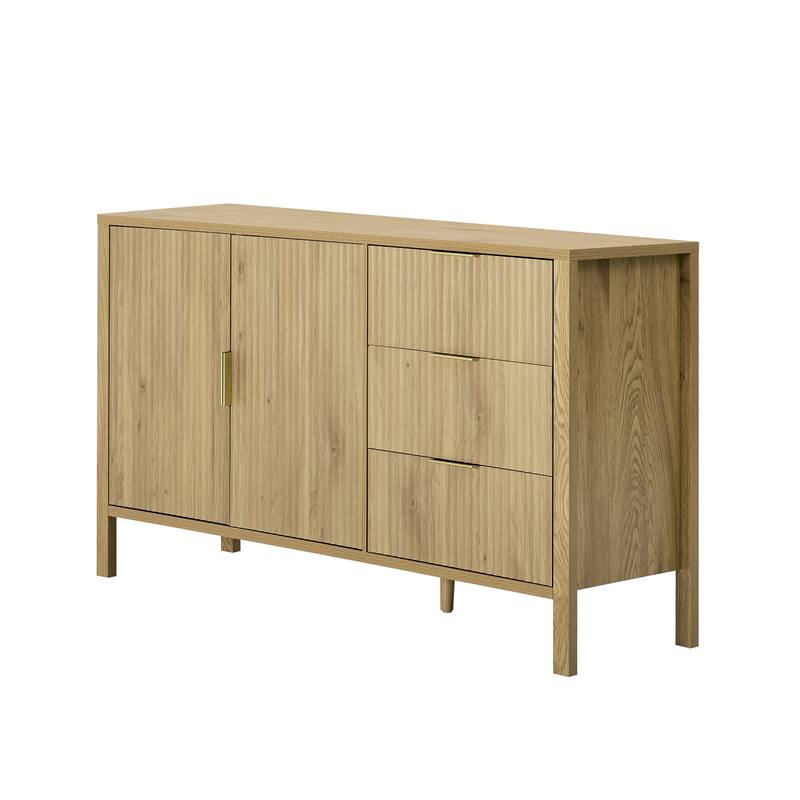 Modern Large Storage Buffet Cabinet with 3 Drawers and Wave-Pattern Doors, Sideboard with Hooks and Extra Center Leg