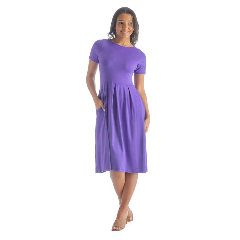 24seven Comfort Apparel Midi Dress with Short Sleeves and Pocket Detail - Purple - XL