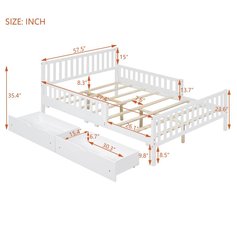 Wooden Platform Bed Underbed Storage Bed with Sides Guardrails Spindle Headboard and 2 Drawers 8.98 inch Storage Underneath
