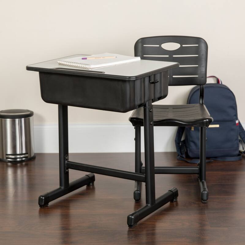 Adjustable Height Student Desk and Chair with Pedestal Frame - Set of 3 - 23.625"W x 17.75"D x 28.25" - 31.5"H - Grey
