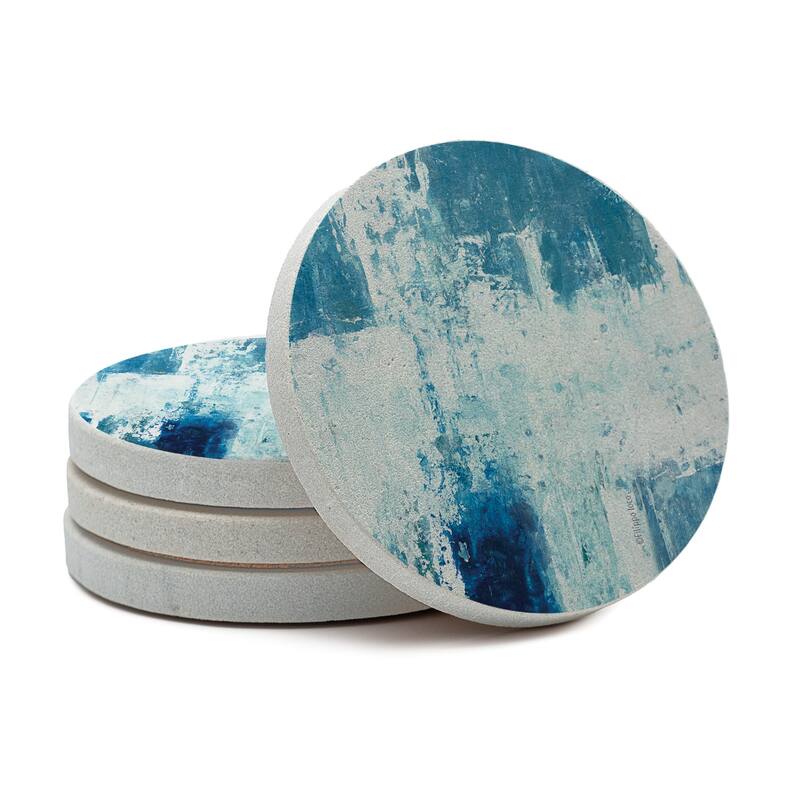 Urban Blue Squares 4 Pack Round Natural Sandstone Coasters with Protective Cork Backing Manufactured in The USA - Multi-Color