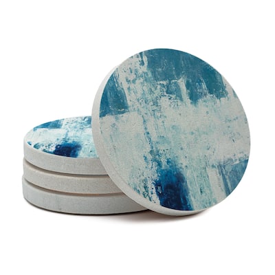 Urban Blue Squares 4 Pack Round Natural Sandstone Coasters with Protective Cork Backing Manufactured in The USA