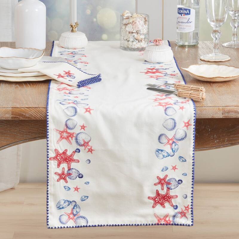 Printed Coastal Shell & Starfish Table Runner - Non-Reversible Cotton Table Runner for Dining Tables, 16"x72"