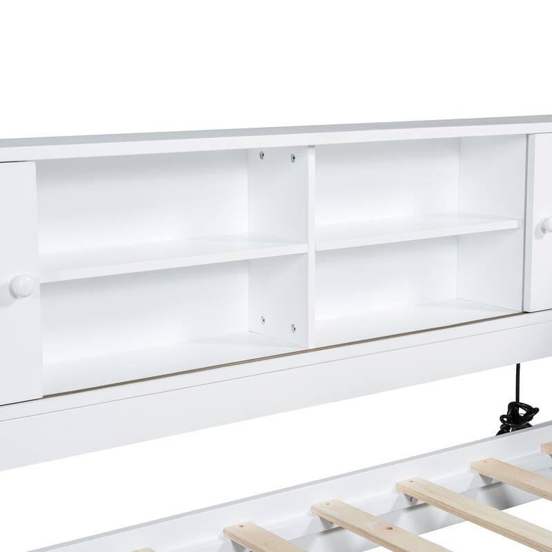 L-shaped Daybed Wooden Corner Sofa Bed Frame with Sliding Doors Bookcase Captains Bed, Upholstered Headboard Built-in Storage