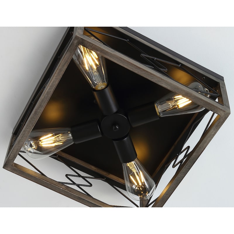 Vintage Black 4-Light Caged Ceiling Lighting with Grey Wood Grain