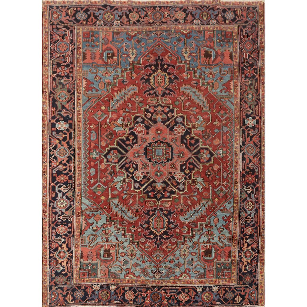 Hand Knotted Oriental 100% Wool Carpet Traditional Medallion Oranges & Rust Heriz (serapi) Area Rug - 8' 5'' X 7' 3''