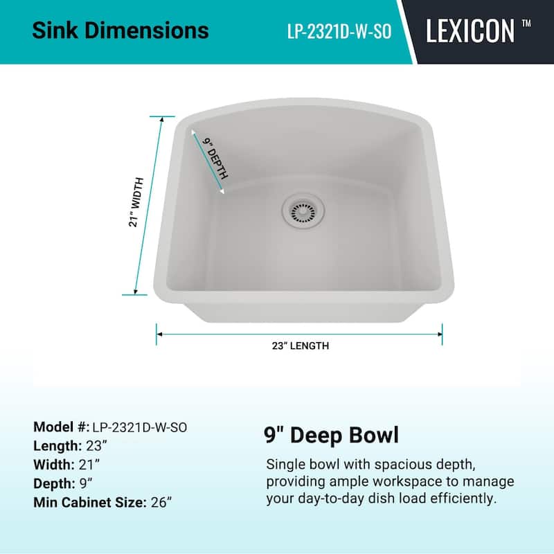 23 Inch Lexicon Platinum Quartz Composite Drop-in Undermount D-Shaped Single Bowl Galaxy White Kitchen Sink LP-2321D-W-SO